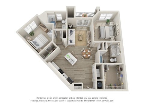 Floor plan for 2 beds, 2 baths, 1072 sqft